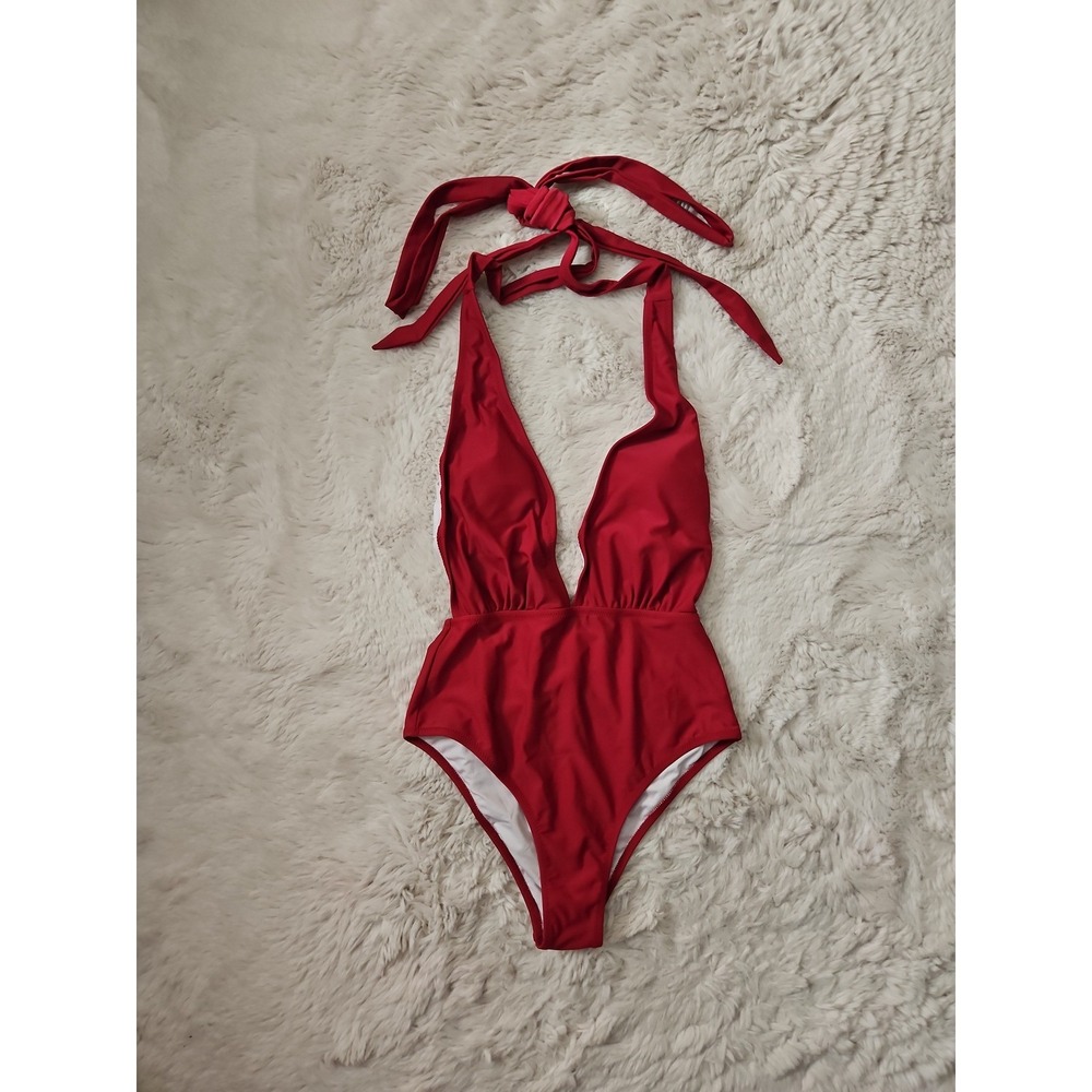 CUPSHE Maroon Red Plunge V-Neck Halter One-Piece Swimsuit Size Small S